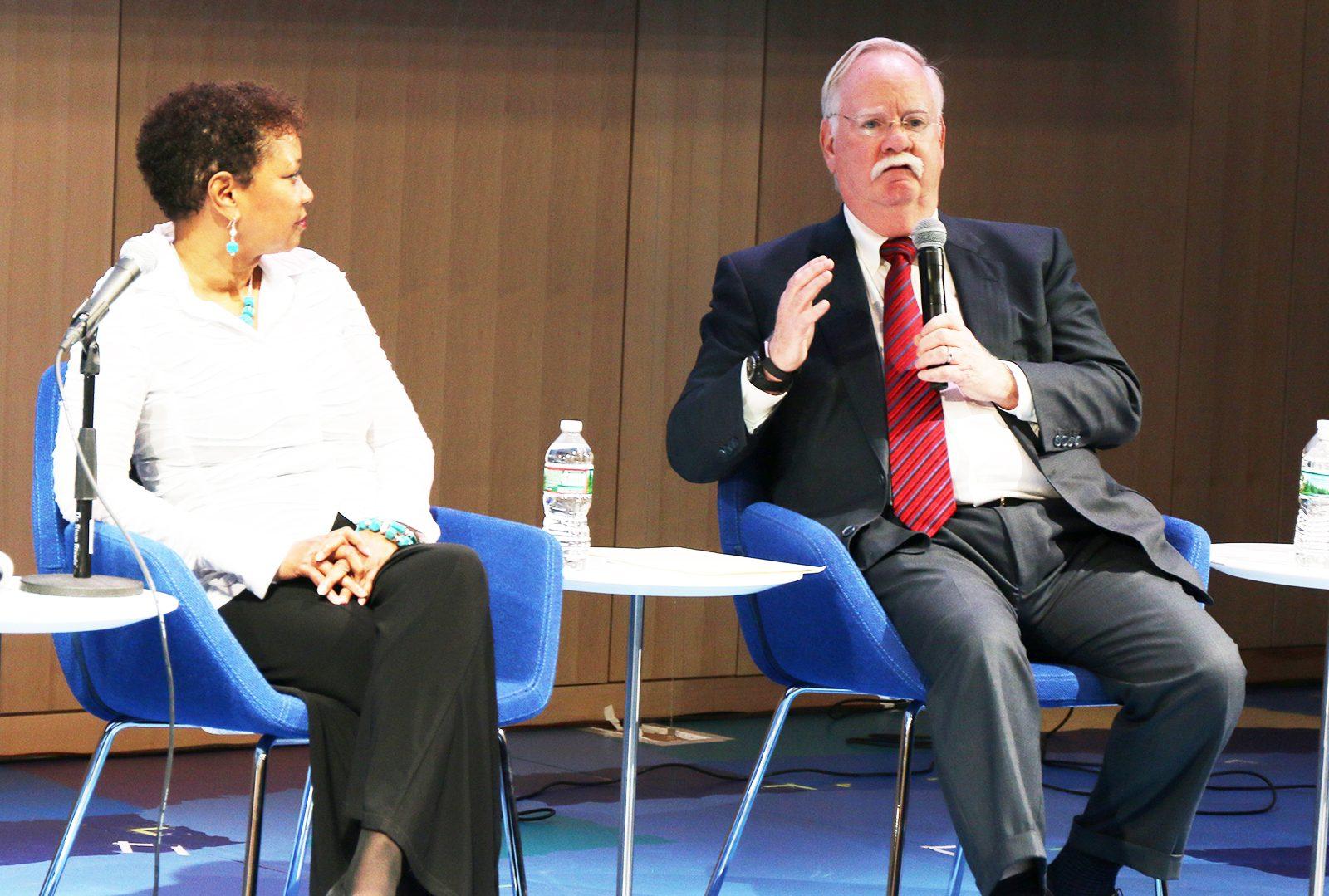 President Robert Brown speaks at Imagine Boston 2030's "Forums on the Future: How academic institutions play a role in Boston's Future" Tuesday evening at the Boston Public Library. PHOTO BY BRITTANY CHANG/ DAILY FREE PRESS STAFF