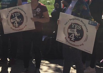 Students for Sensible Drug Policy and the Cannabis Cultural Association hosted a "Yes on 4" rally at UMass Boston on Friday to voice their support for the legalization of marijuana in Massachusetts. PHOTO BY ABIGAIL FREEMAN/ DAILY FREE PRESS STAFF 