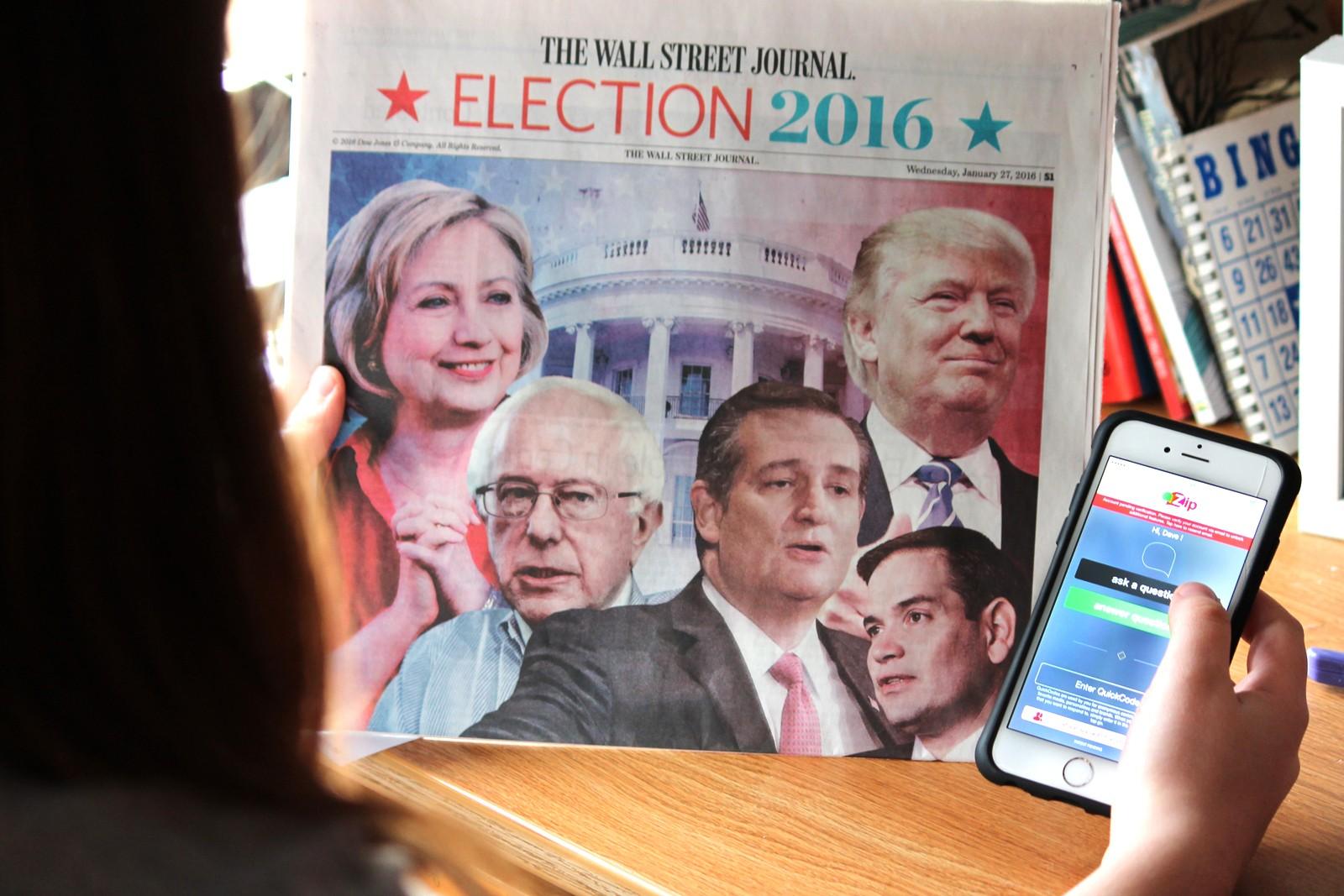 Zip: The Question Answer App which allows users to anonymously ask and answer polls, has become increasingly popular during the 2016 presidential election. ILLUSTRATION BY ABIGAIL FREEMAN