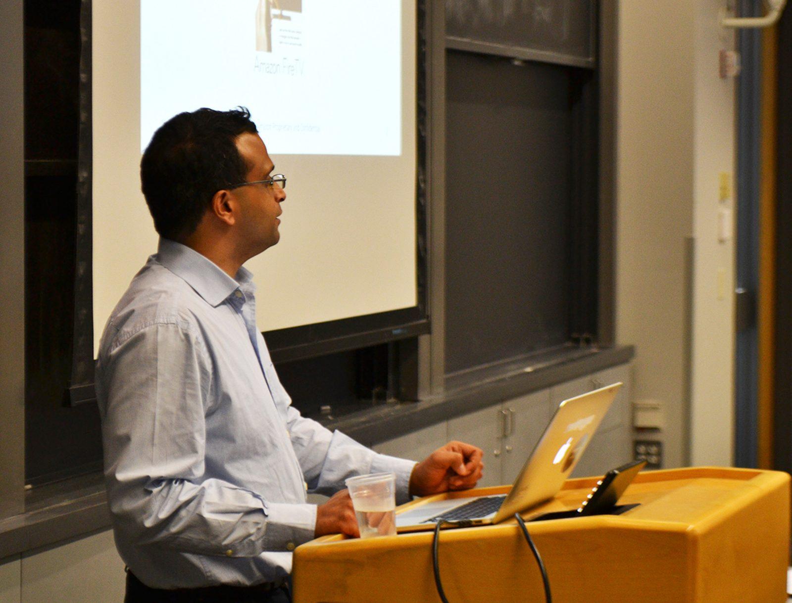 Shiv Vitaladevuni, the senior manager of machine learning at Amazon Alexa, speaks about the company’s new Alexa technology Friday in the Photonics Center. PHOTO BY CHLOE GRINBERG/ DAILY FREE PRESS STAFF