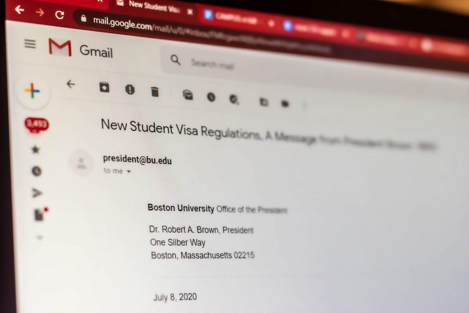 Boston University announced Thursday that it is joining an amicus brief for a lawsuit against the U.S. Immigration and Customs Enforcement due to restrictions released Monday that threaten to deport international students who opt for remote-learning. ILLUSTRATION BY LAURYN ALLEN/ DAILY FREE PRESS STAFF
