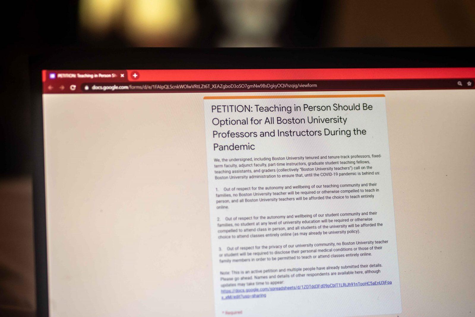 On June 10, Boston University instructors Russell Powell and Daniel Star created a petition to make teaching in-person classes in the Fall optional for faculty. ILLUSTRATION BY LAURYN ALLEN/ DAILY FREE PRESS STAFF
