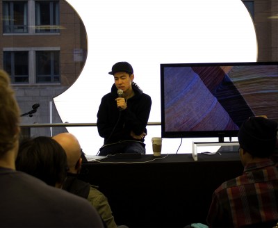 Nosaj Thing demonstrates his work at the Apple Store on Boylston Street Tuesday. PHOTO BY MARY SCHLICHTE/DAILY FREE PRESS STAFF