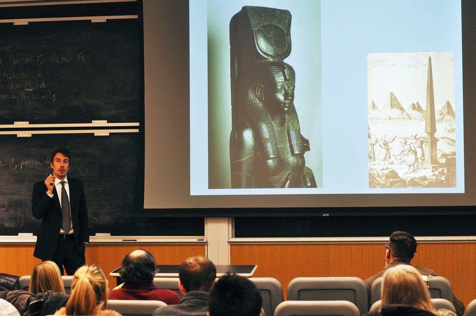 Christian Greco, the director of the Egyptian Museum in Turin, Italy, hosts a lecture on Egyptian archaeology at the College of Arts and Sciences Monday. PHOTO BY BRIANNA BURNS/ DAILY FREE PRESS STAFF