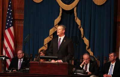 Gov. Charlie Baker speaks at the State of the Commonwealth last January. Now, Baker and Lt. Gov. Karyn Polito are proposing an increase of $91 million in the budget for elementary and secondary education funding. PHOTO BY KELSEY CRONIN/ DFP FILE PHOTO