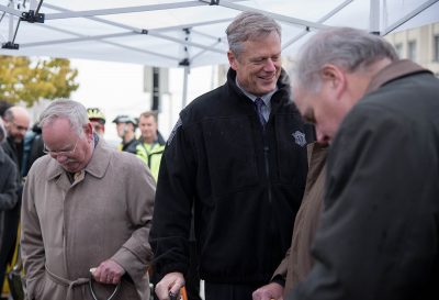 Gov. Charlie Baker attends an event on Commonwealth Avenue in October of 2016. Now, Baker vetoes a bill that would have increased pay for certain public officials. PHOTO BY LAUREN PETERSON/ DFP FILE PHOTO 