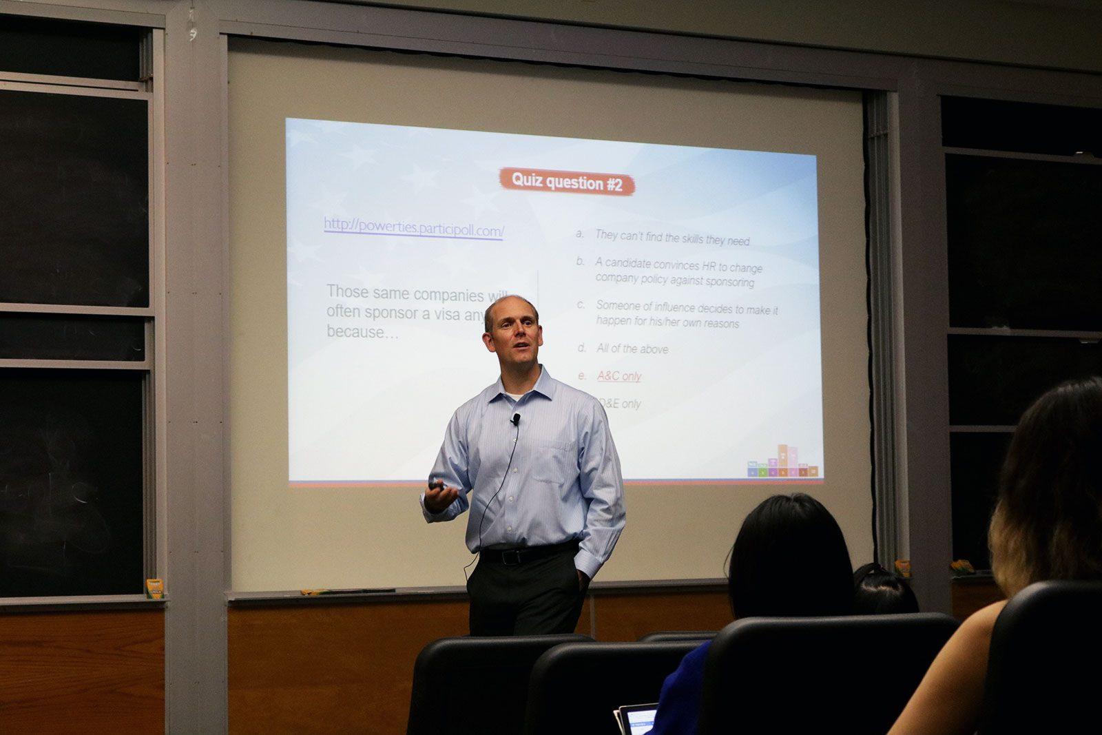 Dan Beaudry, former head of campus recruiting at Monster.com, speaks to Boston University’s international students Wednesday about finding employment in the United States. SOFIA KOYAMA/ DAILY FREE PRESS STAFF