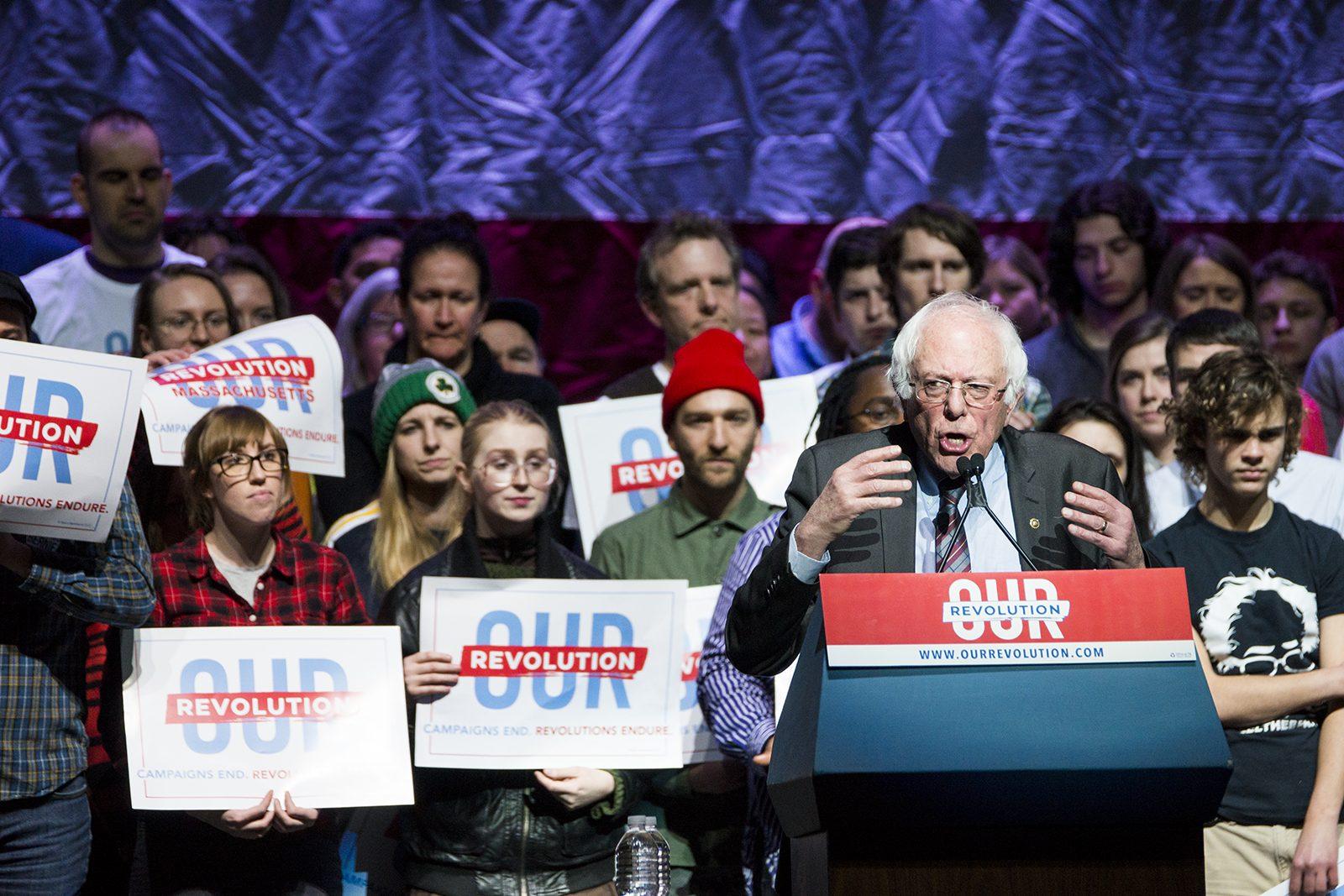 Sen. Elizabeth Warren and Sen. Bernie Sanders speak at a rally for Our Revolution Massachusetts Friday night at the Orpheum Theatre. PHOTO BY CHLOE GRINBERG/ DAILY FREE PRESS STAFF