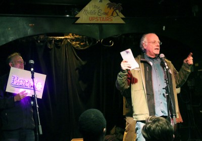 Beloved founders of the Vermont-based ice cream company Ben & Jerry’s, Ben Cohen and Jerry Greenfield, demonstrate their support for Bernie Sanders at an event at the Middle East Restaurant and Nightclub on Monday. PHOTO BY BETSEY GOLDWASSER/DAILY FREE PRESS STAFF