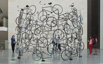 Ai Weiwei’s sculpture “Forever,” which is made of bicycles, will be on display in the Ann and Graham Gund Gallery at the Museum of Fine Arts at the new exhibition “Megacities Asia,” opening on Sunday. PHOTO COURTESY CHUCK CHOI/MFA