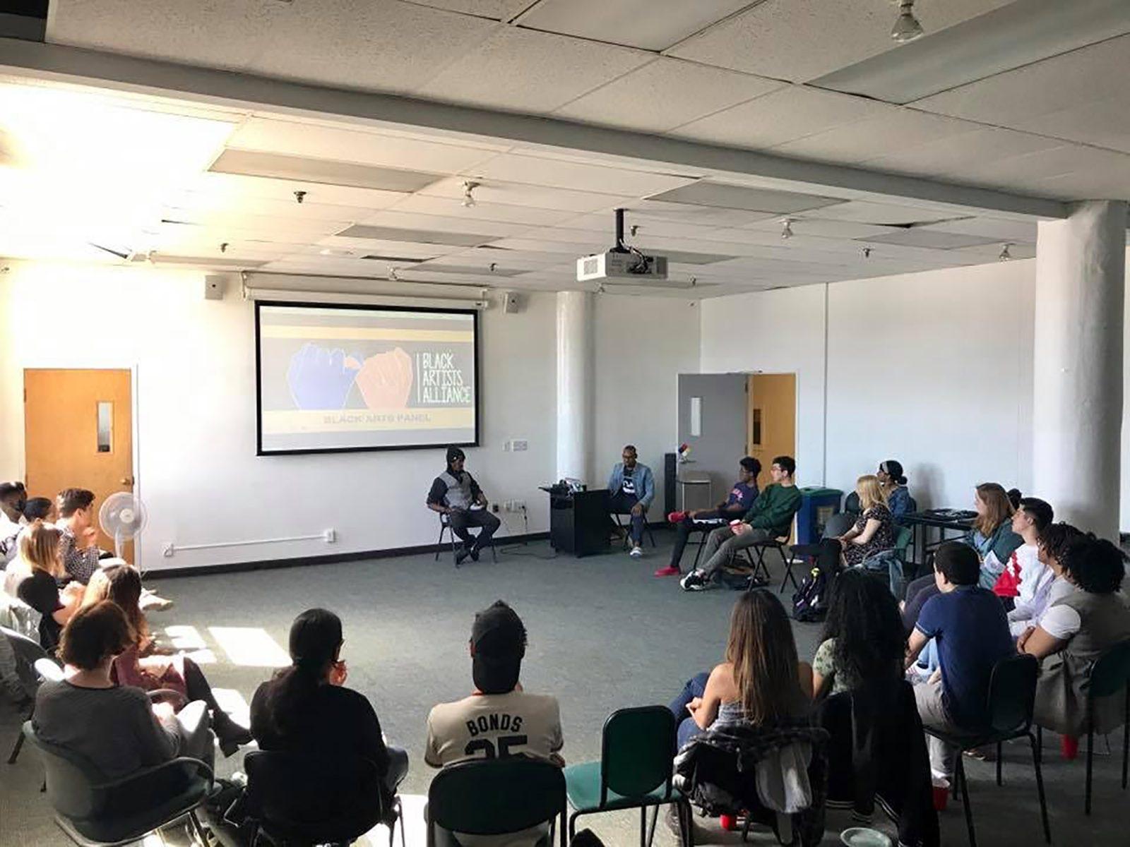 A panel including members from the Black Artists Alliance and Company One ONERush addresses the development of Atlanta's rap culture and the importance of representation in theatre Sunday afternoon at the Boston University College of Fine Arts. PHOTO COURTESY JASMINE BROOKS