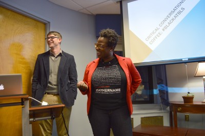 BU professors Christopher Martell and Sherell McArthur lead a discussion titled “Critical Conversations and Coffee: #BlackatBLS” Tuesday afternoon. PHOTO BY ERIN BILLINGS/DAILY FREE PRESS STAFF