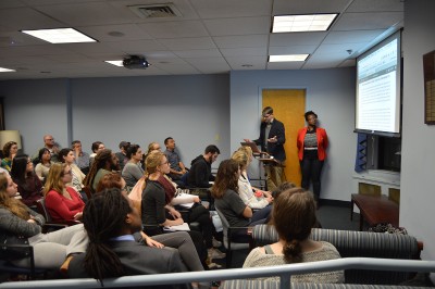 Students and professors at BU’s School of Education engage in a discussion about the #BlackatBLS movement Tuesday afternoon. PHOTO BY ERIN BILLINGS/DAILY FREE PRESS STAFF