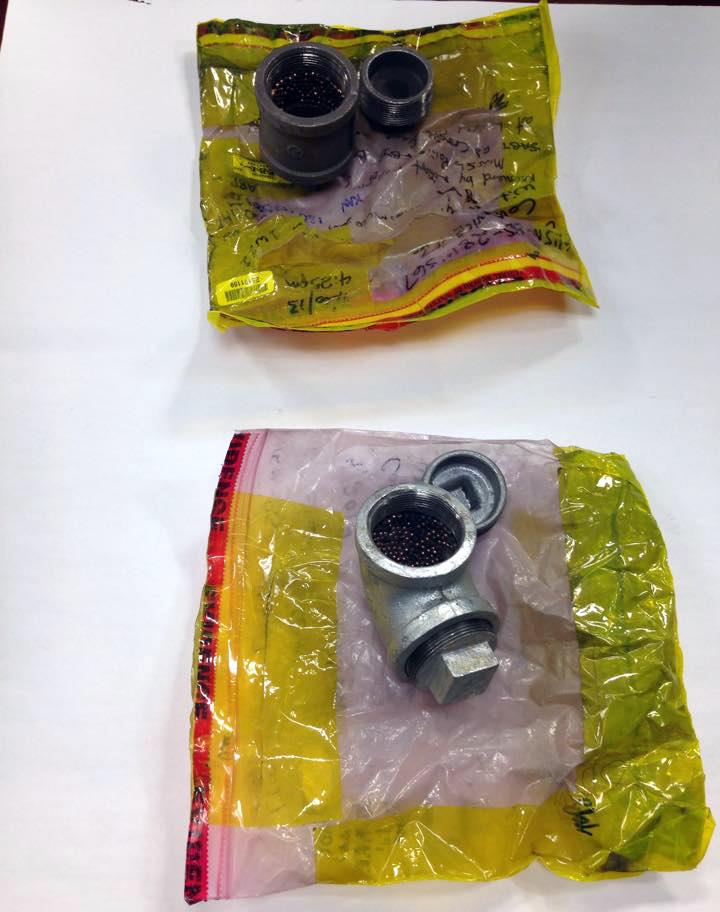 An explosive found on Laurel Street in Watertown was used as evidence in the trial of Boston Marathon bombing suspect Dzhokhar Tsarnaev at the John Joseph Moakley United States Courthouse Wednesday. PHOTO BY SAMANTHA GROSS/DAILY FREE PRESS STAFF