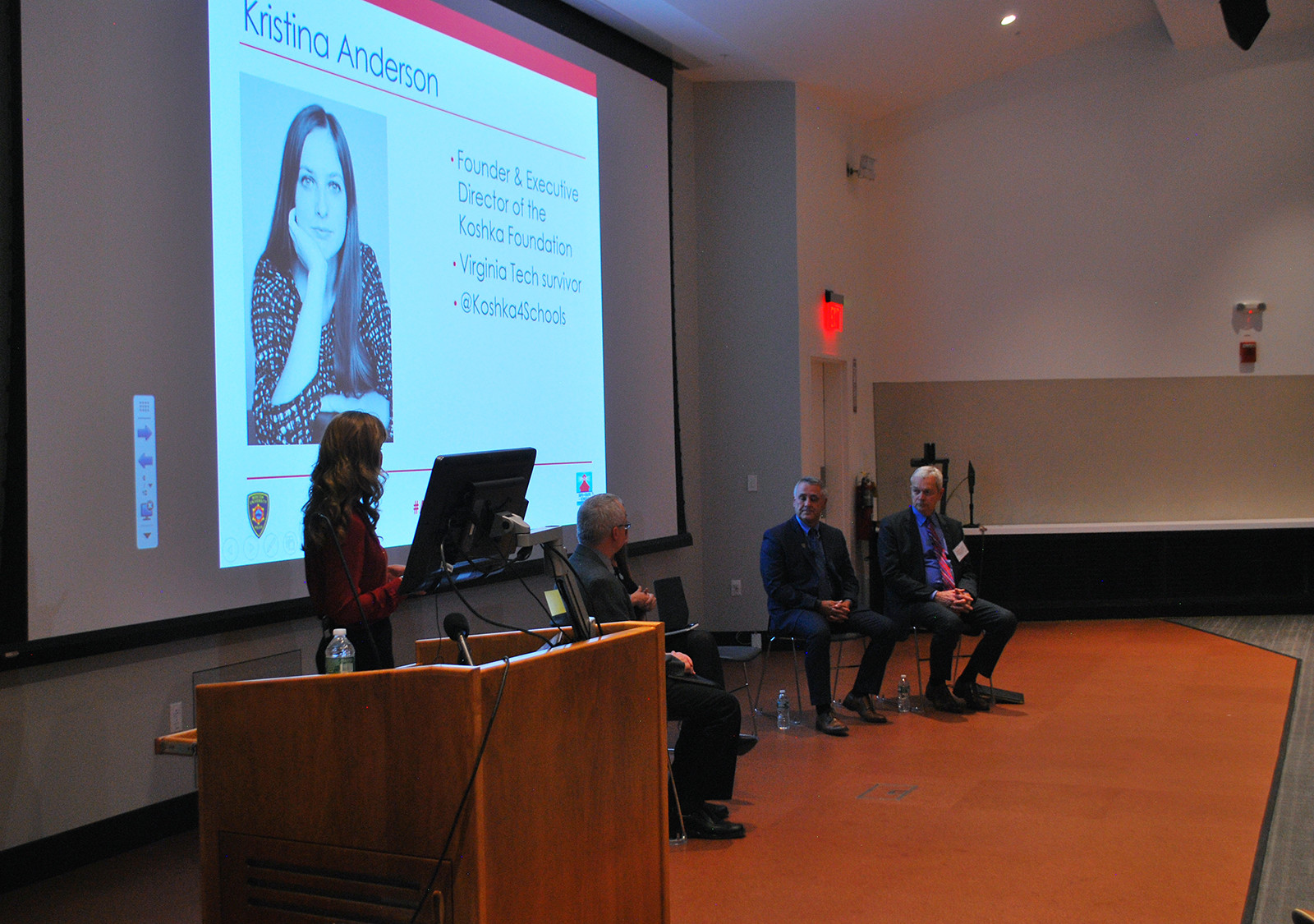 Panelists discussed the future of safe schools at the "From Tragedy to a Safer Tomorrow" discussion in partnership with Boston University and the Boston University Police Department in the Law Auditorium Thursday night. PHOTO BY JACQUI BUSICK/DAILY FREE PRESS STAFF