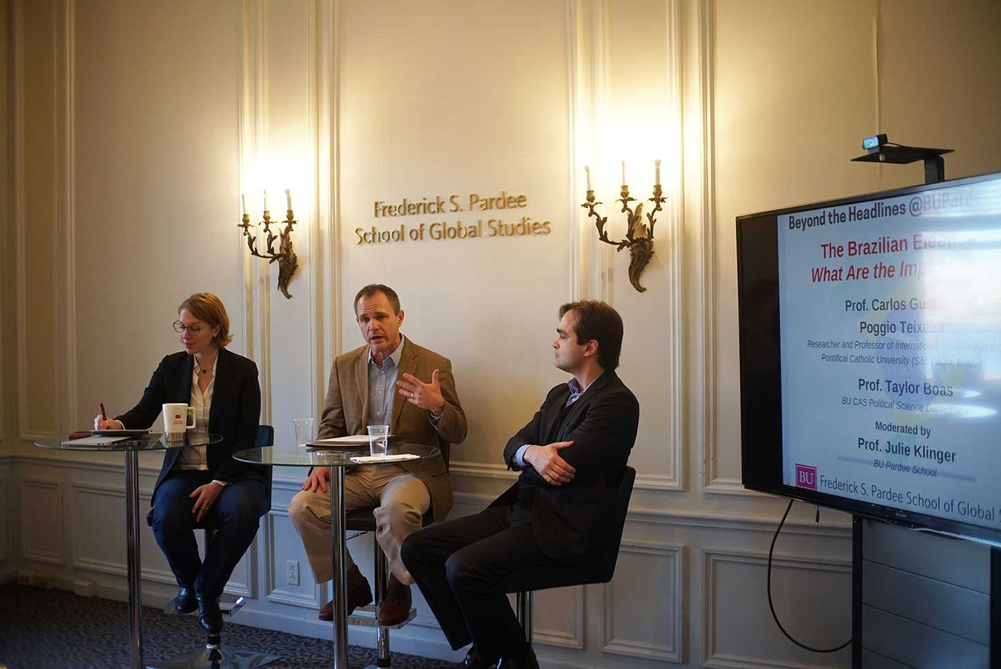 Professors Carlos Gustavo Poggio Teixeira, Taylor Boas and Julie Klinger partake in a panel on the implications of the Brazilian election Thursday afternoon. SOPHIE PARK/ DAILY FREE PRESS STAFF