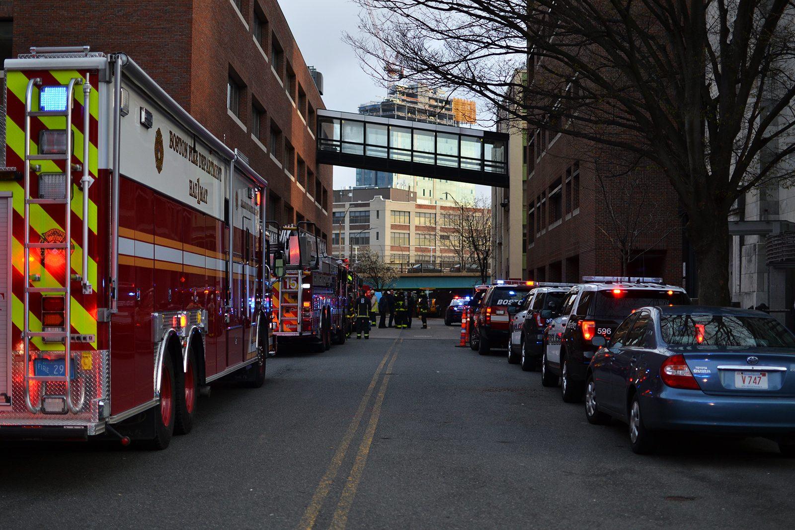The BU Environmental Health and Safety Office and the Boston Fire Department responded to a chemical spill at the Metcalf Center for Science and Engineering building Thursday evening. PHOTO BY CHLOE GRINBERG/ DAILY FREE PRESS STAFF