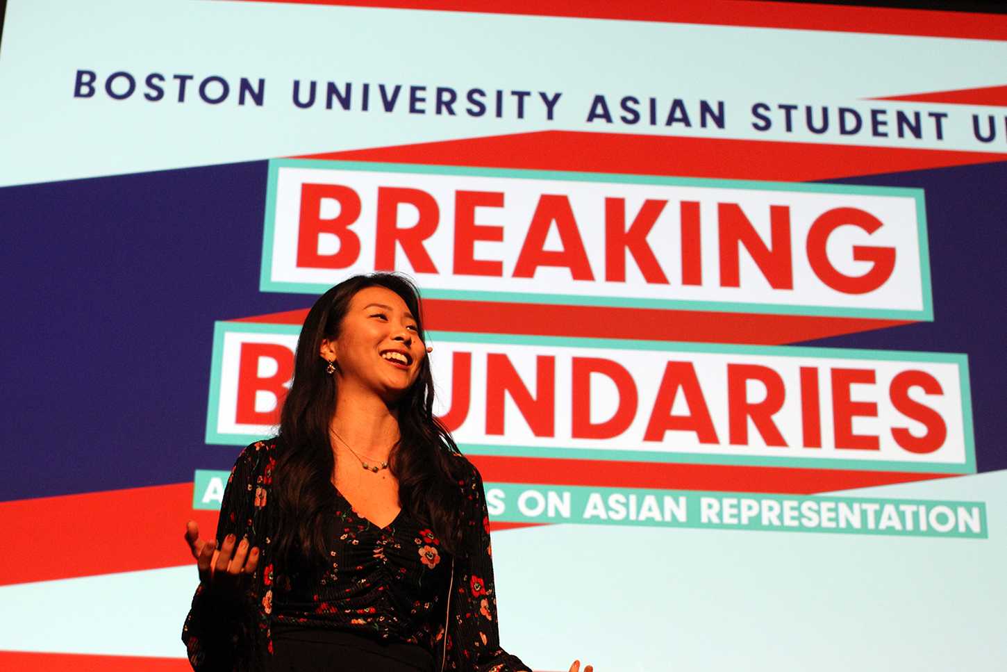 Boston University alumna and actress Ami Park speaks at the annual Breaking Boundaries conference at Metcalf Hall Friday night. ZIJING FU/ DAILY FREE PRESS STAFF