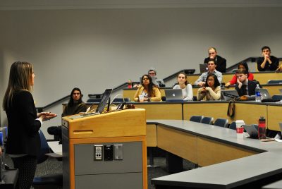 During the first Student Government Senate meeting of the semester, SG Executive Vice President SaraAnn KurKul addresses the Senate in the Photonics Center. PHOTO BY BRIANNA BURNS/ DAILY FREE PRESS STAFF