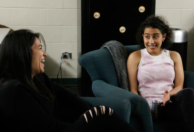 Broad City stars Abbi Jacobson and Ilana Glazer discuss the creation of their show BU Central prior to the question and answer Saturday night. PHOTO BY OLIVIA NADEL/DAILY FREE PRESS STAFF
