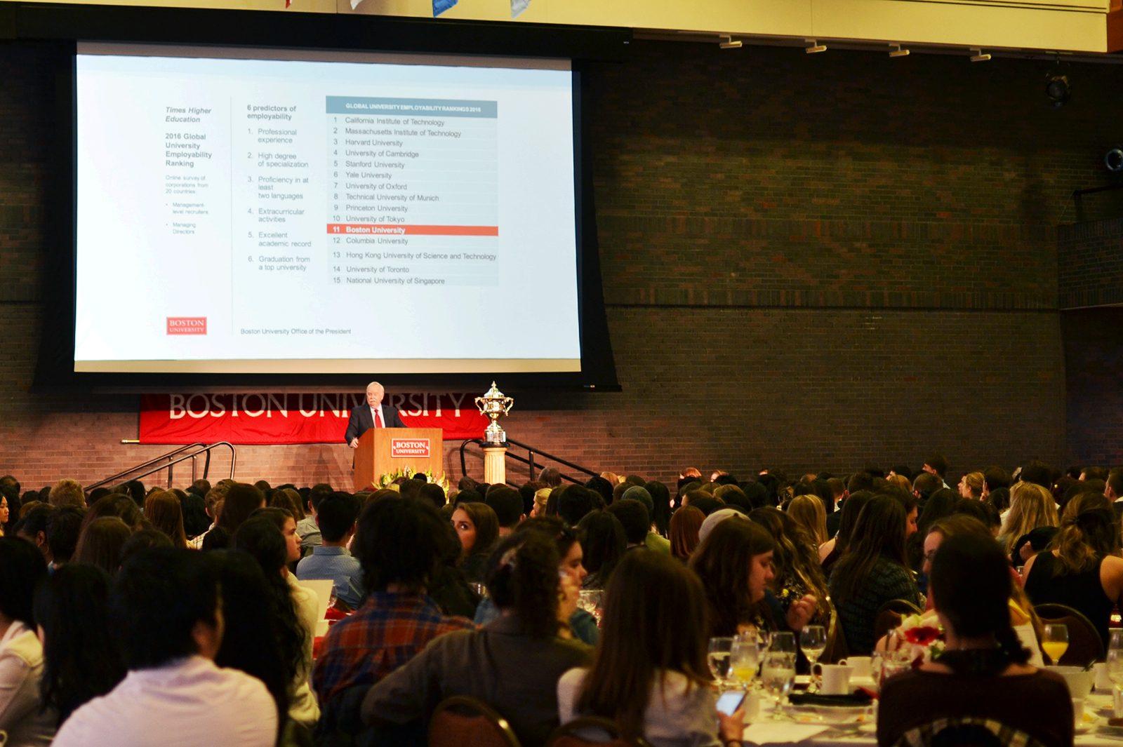 President Brown speaks at the Senior Class Breakfast, marking the start of the 2017 commencement season. PHOTO BY CHLOE GRINBERG/ DAILY FREE PRESS STAFF