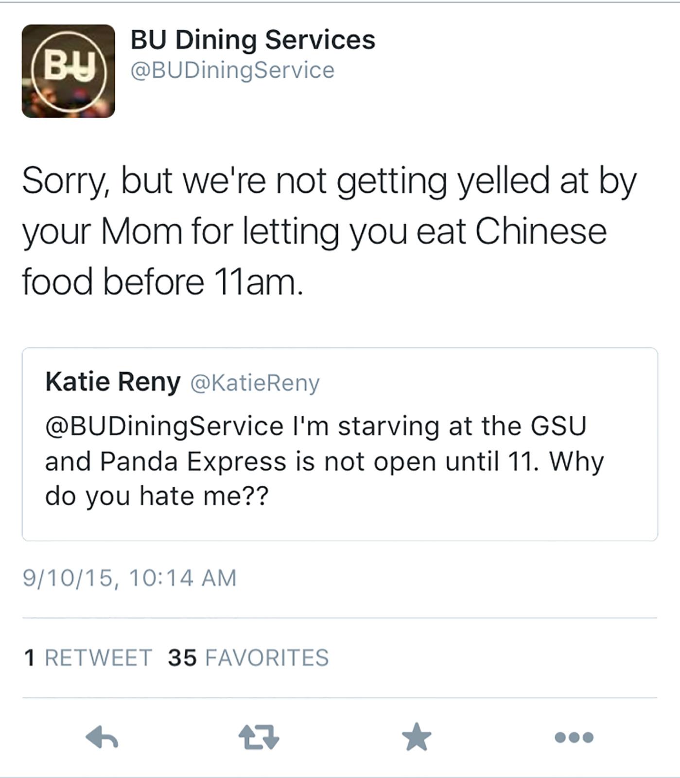 A tweet from Boston University Dining Service’s Twitter account. PHOTO SCREENSHOT/TWITTER.COM
 