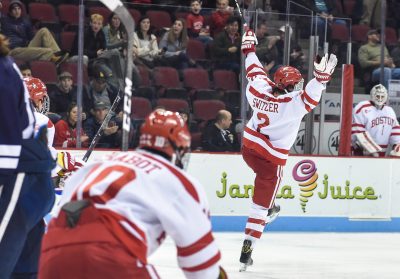 Sophomore Shane Switzer celebrates his second goal of the night against Yale. PHOTO BY MADDIE MALHOTRA // DAILY FREE PRESS STAFF 