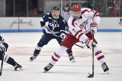 Sophomore defenseman Charlie McAvoy helped the U.S. win a gold medal at the 2015 IIHF Under-18 World Championships. PHOTO BY MADDIE MALHOTRA/ DAILY FREE PRESS STAFF 