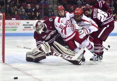 Ryan Wischow, the Minutemen goaltender, finished the night with 42 saves. PHOTO BY MADDIE MALHOTRA/ DAILY FREE PRESS STAFF 