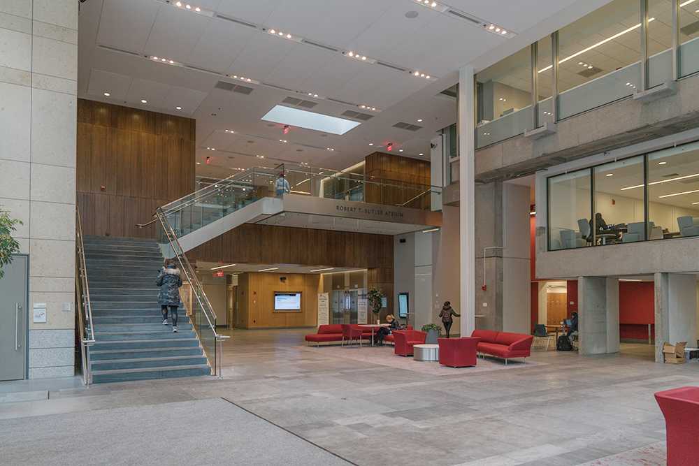 The lobby in BU's School of Law. A recent study by Kaplan Test Prep shows that over 30 percent of pre-law students say the results of the 2016 election impacted their decision to apply to law school. PHOTO BY DENGFENG YANG/ DAILY FREE PRESS STAFF

