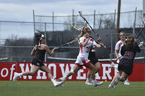 Senior attack and co-captain Avery Donahoe notched eight goals and an assist in BU's 16-13 win over UNH on Wednesday. PHOTO BY MADDIE MALHOTRA/DFP FILE PHOTO 