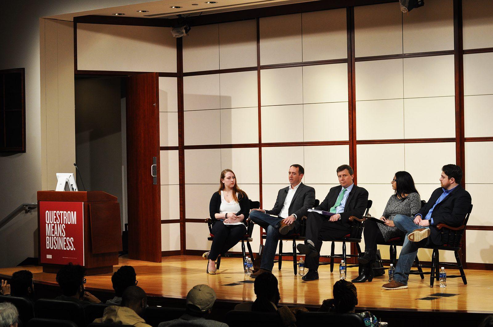 A panel of business leaders gather Wednesday night in the Questrom School of Business Auditorium and discuss the potential economic impact of the 2016 motion to legalize recreational marijuana in Massachusetts. PHOTO BY BRIANNA BURNS/ DAILY FREE PRESS STAFF