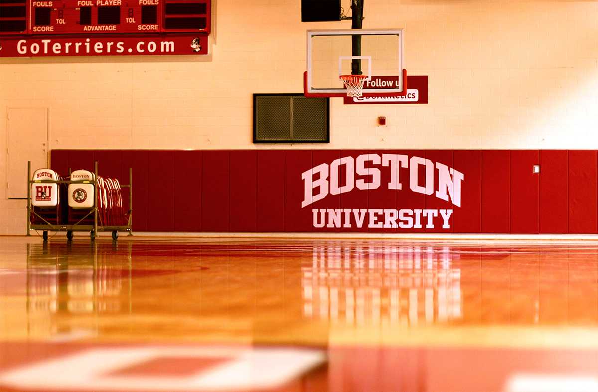 An empty basketball court at Case Gymnasium. Three Boston University athletic events, a women's basketball game and two women's hockey games, have been postponed due to COVID-19 protocols.