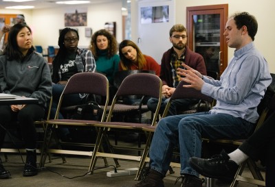 Desmond Molloy, a freshman in the Sargent College of Health and Rehabilitation Sciences, speaks about U.S. foreign policy. PHOTO BY BRIAN SONG/DAILY FREE PRESS STAFF