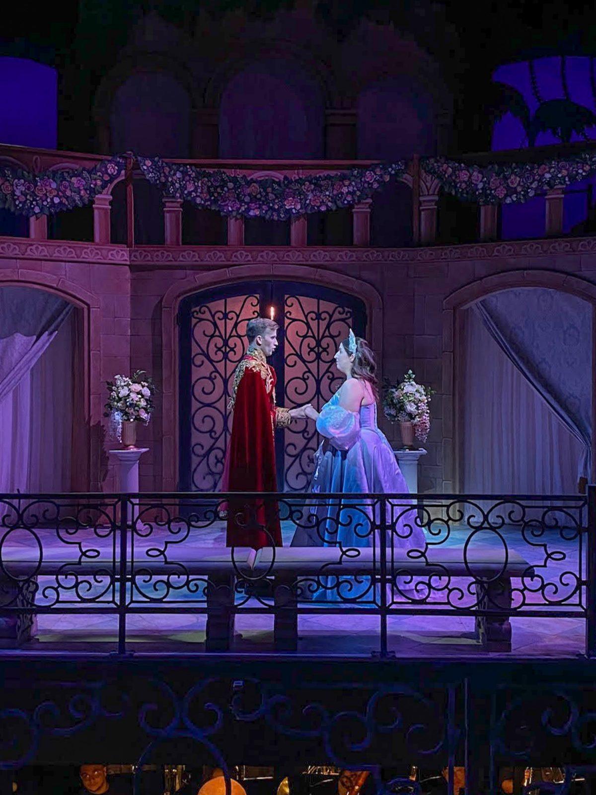 (From left) Andrew Brown and Margaret Tigue sing as Le Prince Charmant and Cendrillon in the Thursday production of “Cendrillon” at the Joan and Edgar Booth Theatre. “Cendrillon” is a captivating French opera retelling of “Cinderella,” put on by the College of Fine Arts schools of Music and Theatre. COURTESY OF OSHIN GREGORIAN