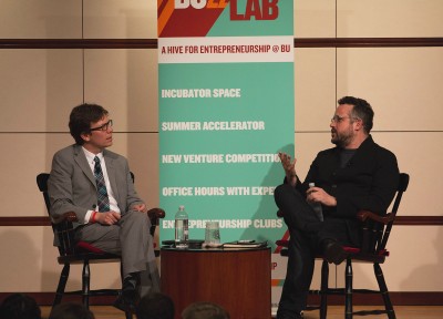 BU alumnus Phil Libin speaks with WBUR reporter Curt Nickisch about his billion-dollar app, Evernote. PHOTO BY NICKI GITTER/DAILY FREE PRESS STAFF