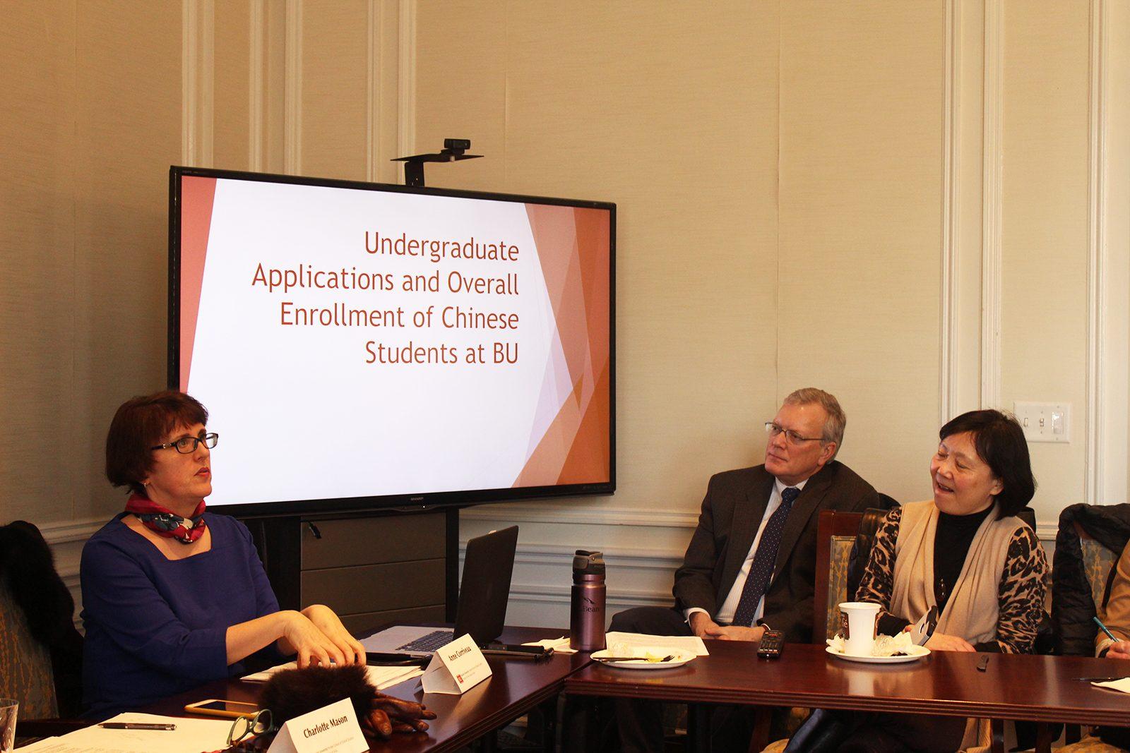 Three Boston University employees, Charlotte Mason, Anne Corriveau and Deepti Nijhawan, discuss ways to ensure the academic and social success of international students. PHOTO BY ELISE TAKAHAMA/ DAILY FREE PRESS STAFF