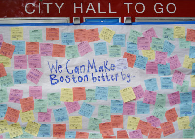 Student suggestions on how to make Boston better are posted on the City Hall to Go Truck outside the George Sherman Union at Boston University on Monday as part of Boston Mayor Martin Walsh's Civic Engagement Day. PHOTO BY JAKE FRIEDLAND/DAILY FREE PRESS CONTRIBUTOR