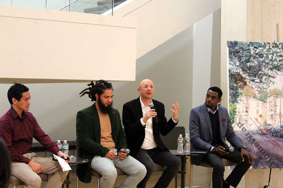 From left to right: Penn Loh, Wilton Tejeda, Adam Strom and Mr. Body Homicile speak at a talk on gentrification Wednesday evening hosted by the Boston Museum of Fine Arts. RACHEL SHARPLES/ DAILY FREE PRESS STAFF