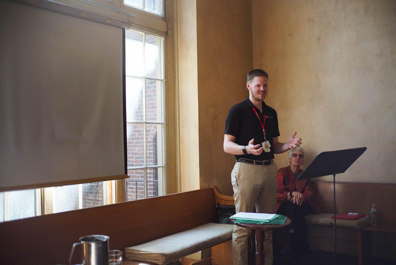 Larry French, disaster program manager for the Massachusetts region, speaks at the Beacon Hill Friends House Sunday on climate change prevention and preparedness. SOPHIE PARK/ DAILY FREE PRESS STAFF