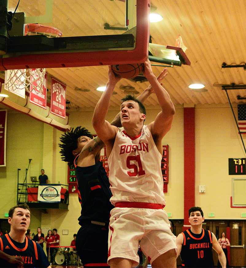 Senior captain Max Mahoney, shown in a Feb. 29 game against Bucknell, led the Terriers to their first ever Patriot League title, securing the team’s first bid to the NCAA tournament since 2011. Mahoney ultimately missed out on playing in the tournament due to its cancellation because of the coronavirus. JACOB COLLING/ DAILY FREE PRESS STAFF
