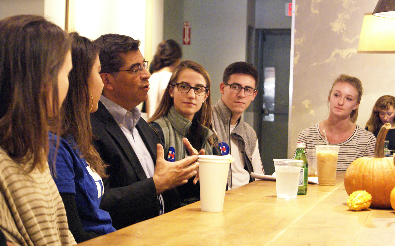 House Democratic Caucus Chairman Xavier Becerra speaks to Boston University students at a Students for Hillary event at Pavement Coffee House on Monday. PHOTO BY JAKE FRIEDLAND/DAILY FREE PRESS STAFF
