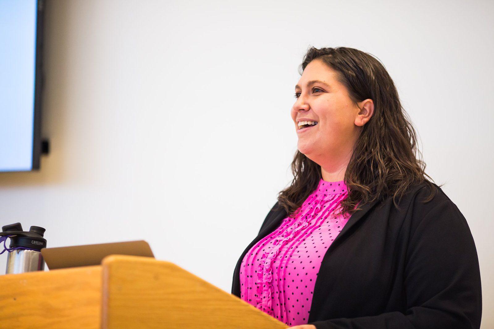 Veronica Coptis, executive director of the Center for Coalfield Justice in Pennsylvania, delivers a lecture as part of the “People and the Planet” series at the Massachusetts Institute of Technology Monday afternoon. COURTESY OF JAKE BELCHER