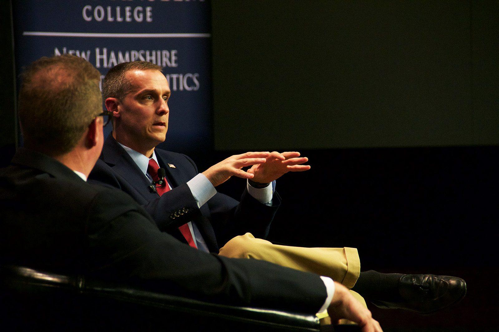 Corey Lewandowski, former campaign manager for President Donald Trump, speaks at a panel discussion at Saint Anselm College Monday night. PHOTO BY OLIVIA FALCIGNO/ DAILY FREE PRESS STAFF