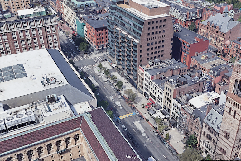 An overview of Boylston Street near the marathon finish line, the area in which two bombs were detonated in 2013, killing three people and injuring more than 260. GOOGLE EARTH