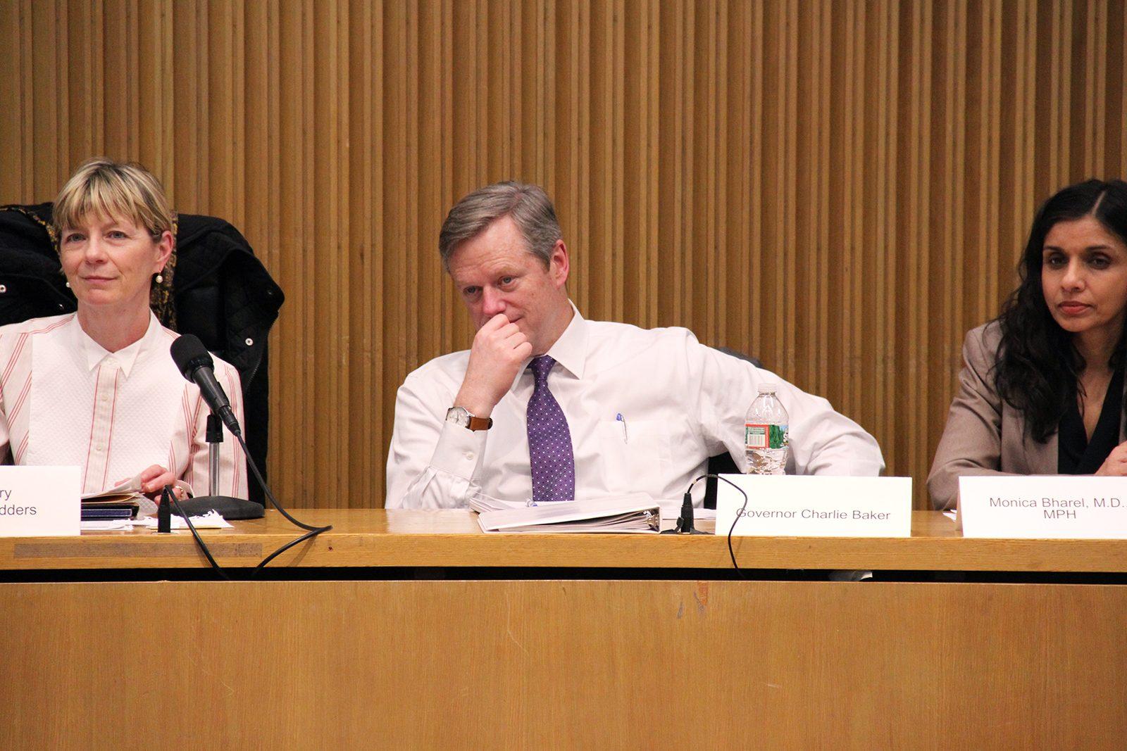 Gov. Charlie Baker attends a meeting about drugs in April of 2015. Now, Baker announces the allocation of $1.25 million for higher education spending. PHOTO BY SARAH SILBIGER/ DFP FILE PHOTO
