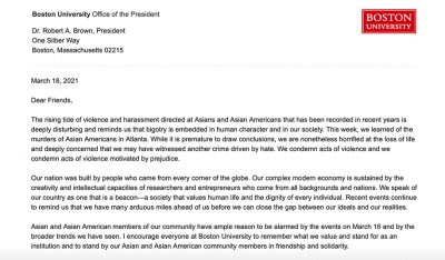 boston university president robert brown's email to students about recent shootings in atlanta