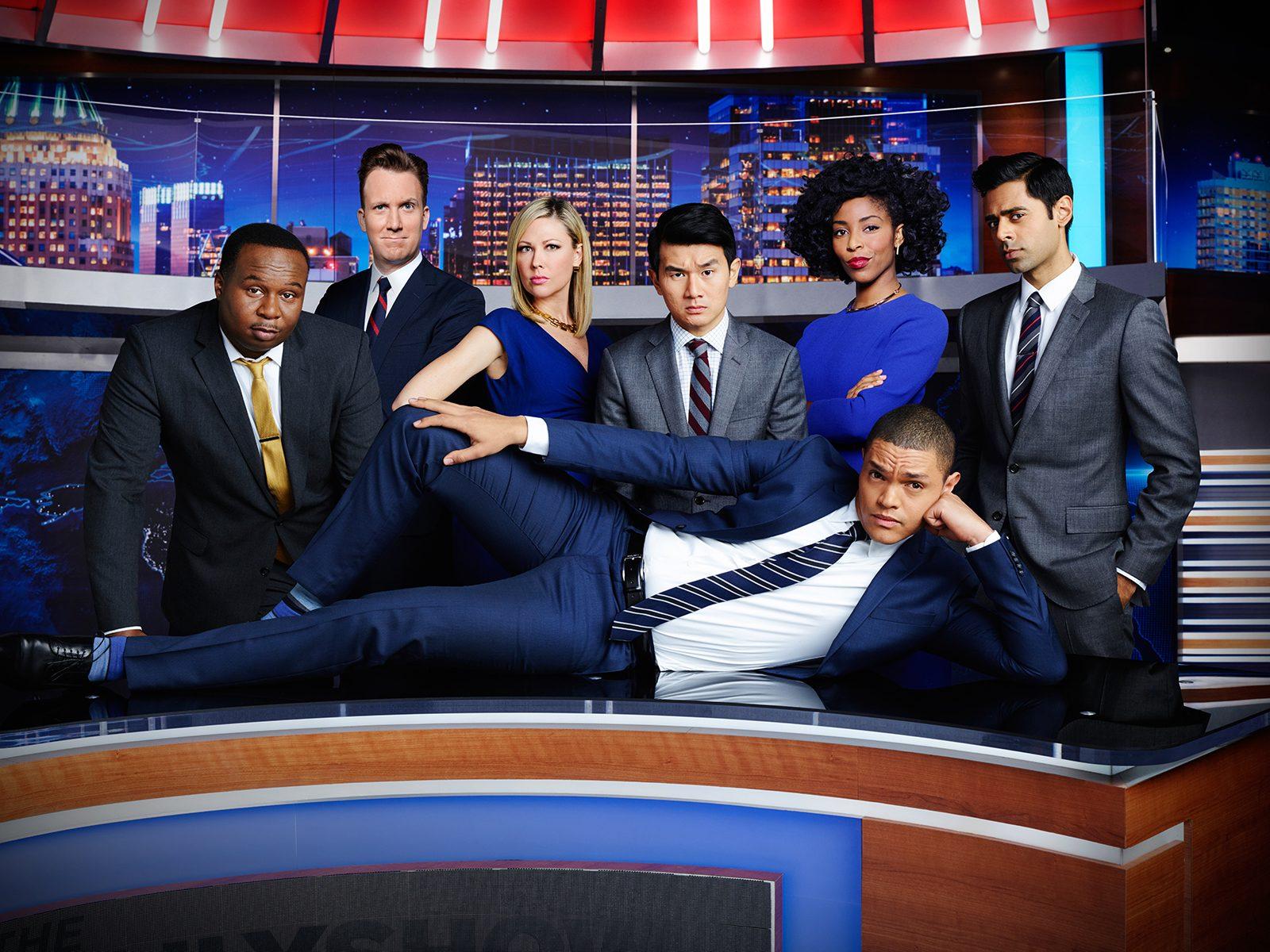 Roy Wood Jr., Jordan Klepper, Desi Lydic, Ronny Chieng, Trevor Noah, Jessica Williams and Hasan Minhaj of "The Daily Show." PHOTO COURTESY GAVIN BOND