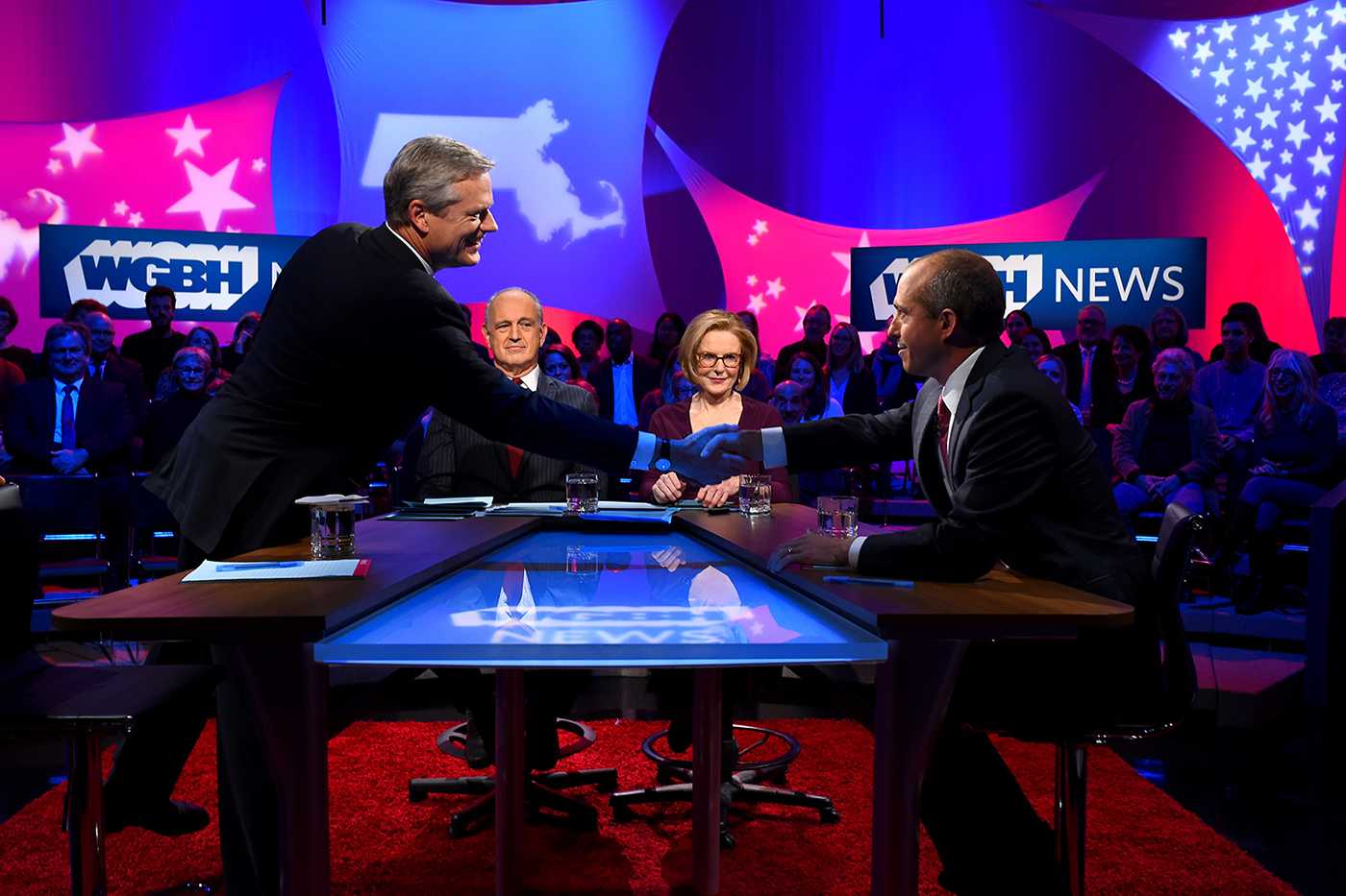 Republican Massachusetts Gov. Charlie Baker and his challenger Democrat Jay Gonzalez faced off in the second of three debates ahead of the Nov. 6 election. COURTESY OF MEREDITH NIERMAN/ POOL