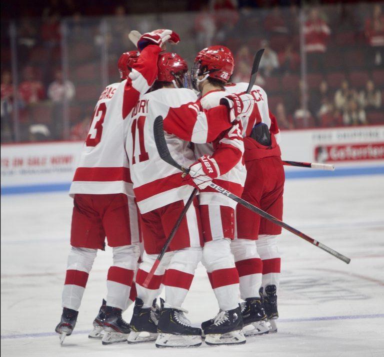The Terriers celebrate a goal in their home opener on Friday night. Photo by Emily Hunter.